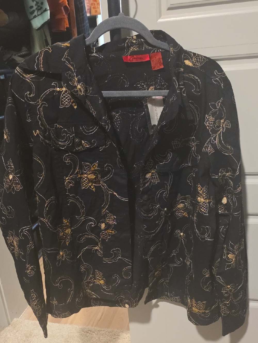 Black Jean Jacket with Gold Floral Embroidery - Women